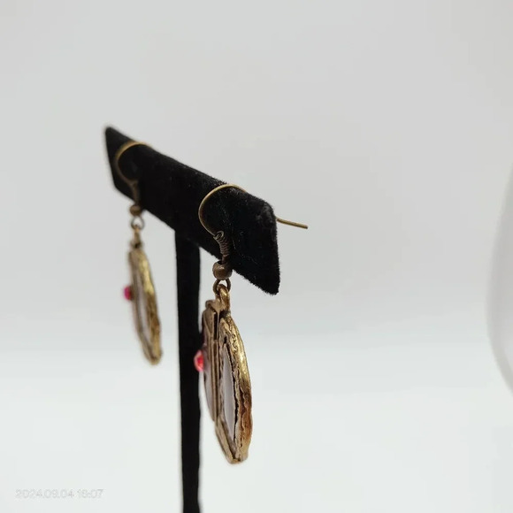 Women's Dangle Drop Earrings Antique Gold Tone Garnet Red Enamel Rhinestone Boho - Picture 6 of 11